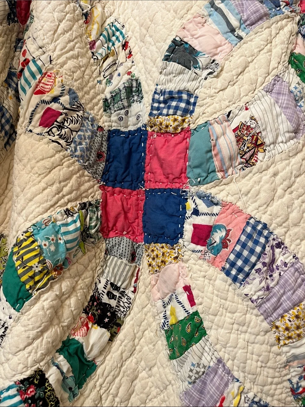 ANTIQUE DOUBLE WEDDING RING QUILT - Hand Pieced/Hand Quilted - Cotton